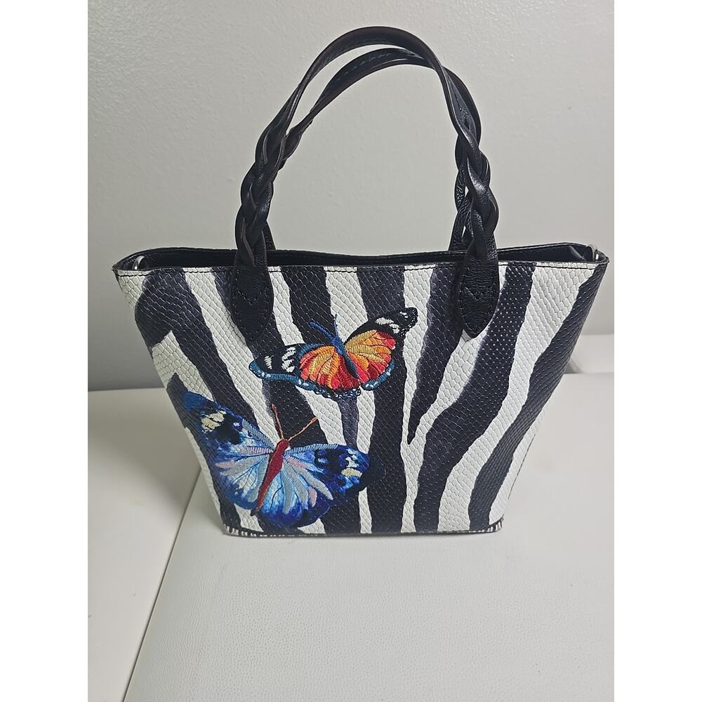 $305 Brighton Africa Stories ZEENA Small Butterfly Zebra Leather Tote Chic - Picture 2 of 9